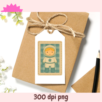 Gift card with cartoon character on a brown paper bag with twine, surrounded by flowers and a pencil.