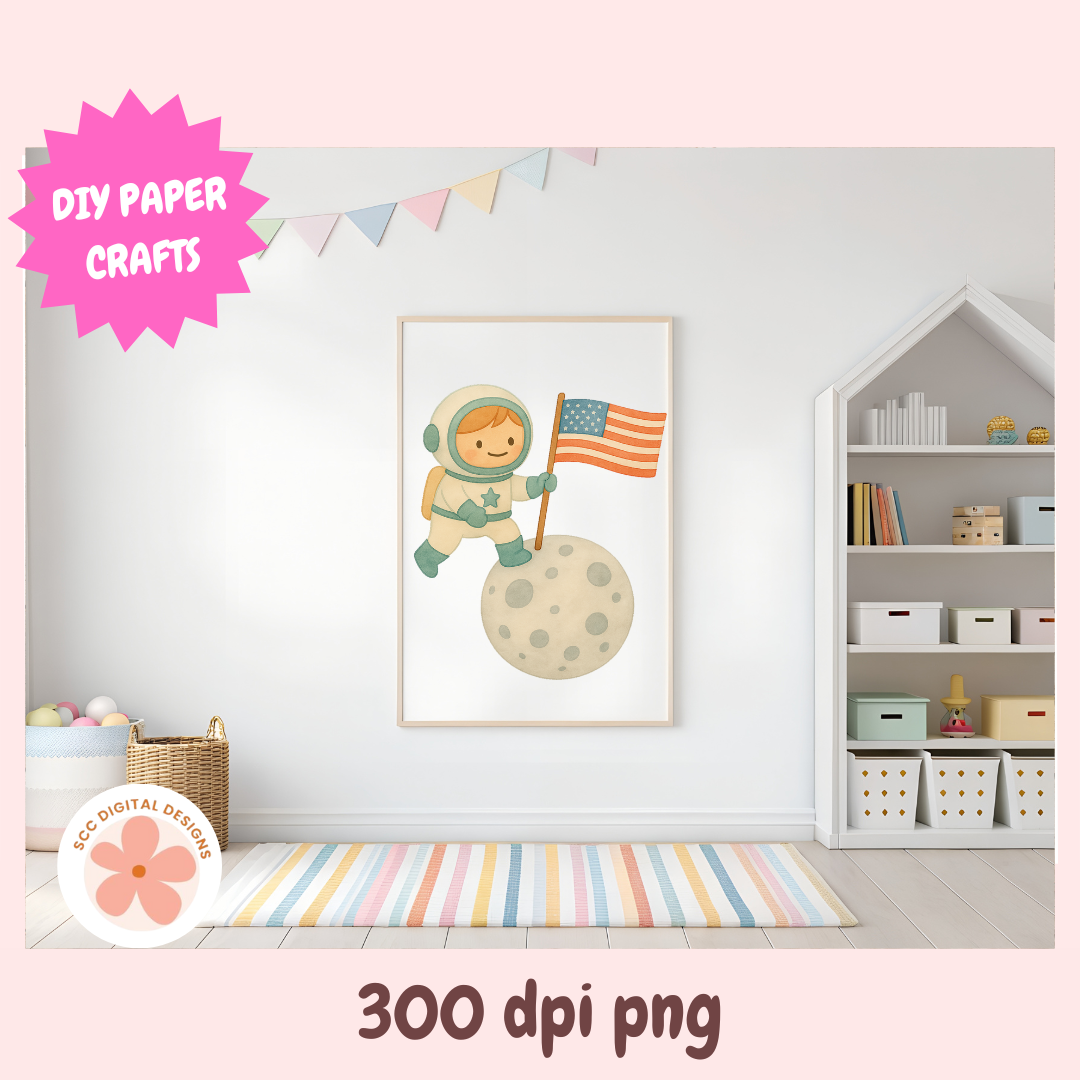 Framed artwork of an astronaut on the moon in a child's room with DIY paper crafts label.
