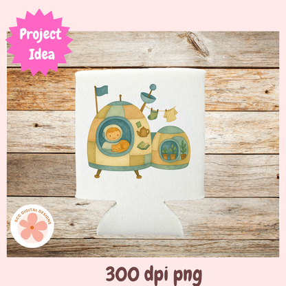 Illustration of a child in a colorful vehicle on a white card with 'Project Idea' text and '300 dpi png' label.