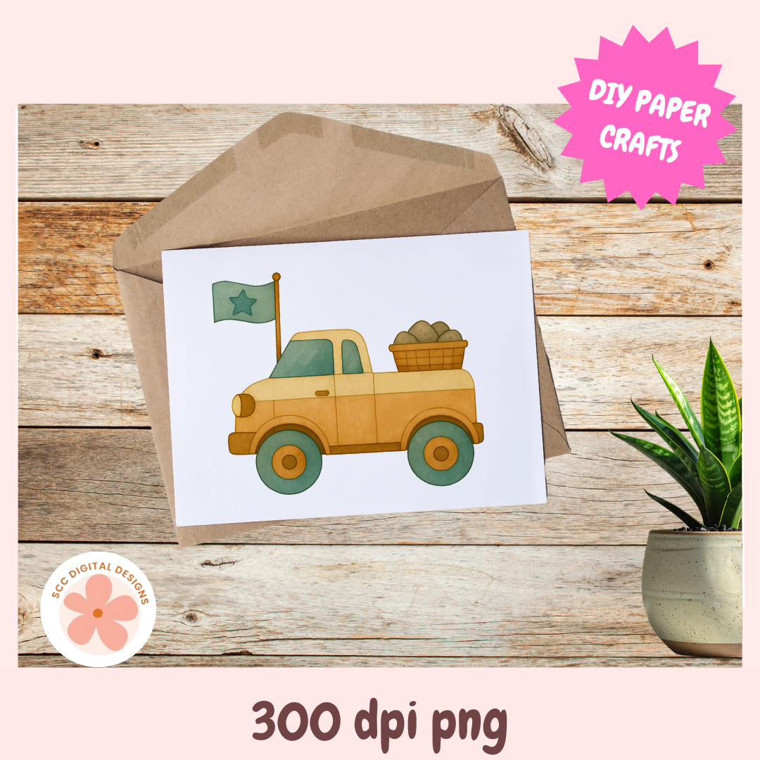 Cartoon truck on a card with an envelope, plant, and 'DIY Paper Crafts' text.