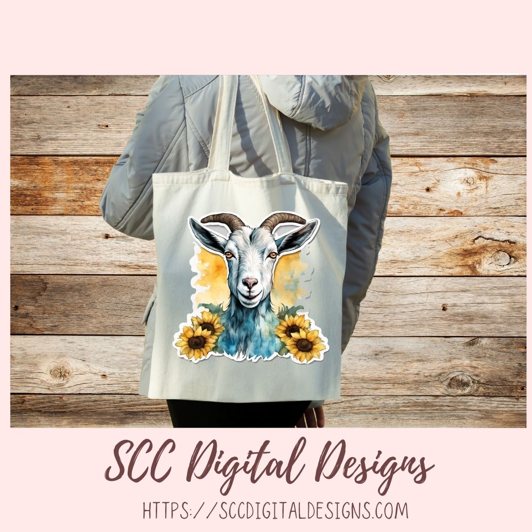 Cute Goat Digital Planner Stickers, Hand Drawn Colorful Printable Pre-Cropped PNG Images Goodnotes Compatible, Sunflowers Scrapbook Elements