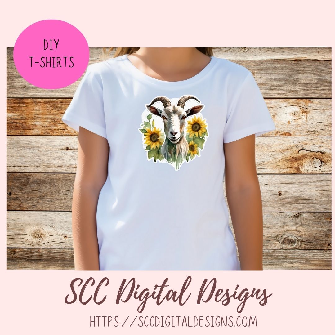 Cute Goat Digital Planner Stickers, Hand Drawn Colorful Printable Pre-Cropped PNG Images Goodnotes Compatible, Sunflowers Scrapbook Elements
