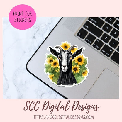Cute Goat Digital Planner Stickers, Hand Drawn Colorful Printable Pre-Cropped PNG Images Goodnotes Compatible, Sunflowers Scrapbook Elements