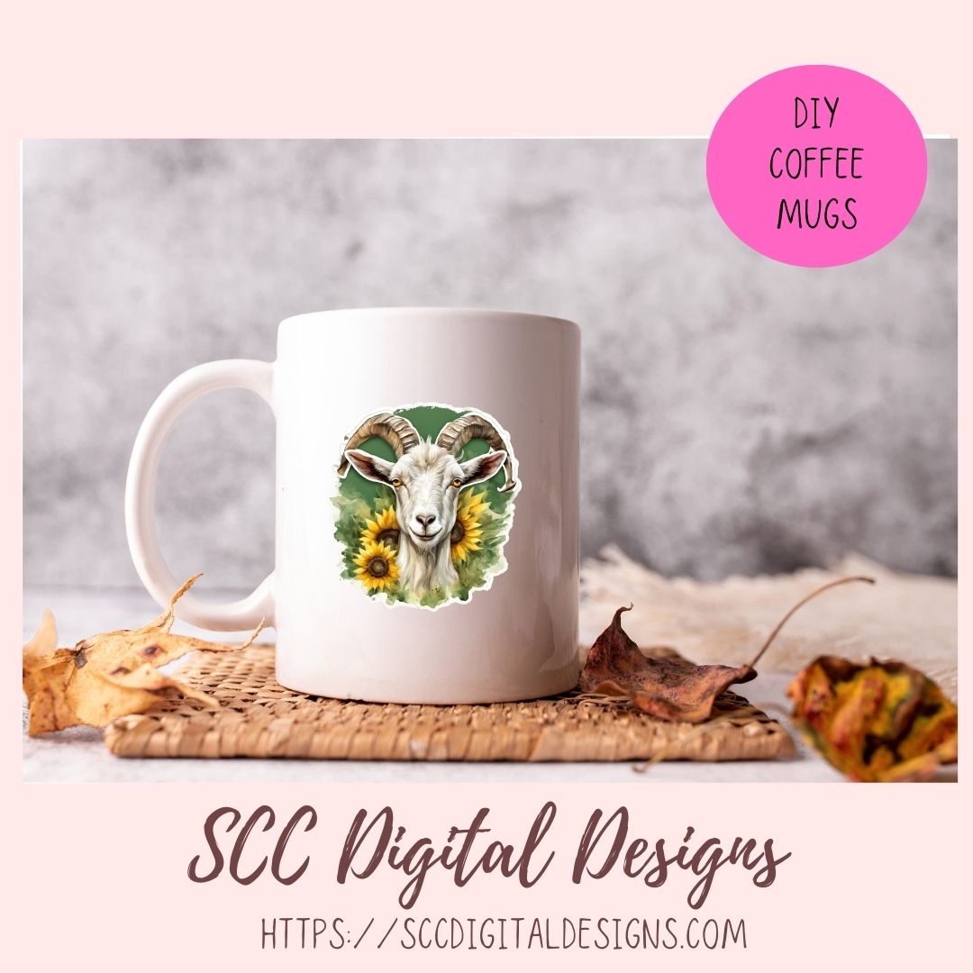 Cute Goat Digital Planner Stickers, Hand Drawn Colorful Printable Pre-Cropped PNG Images Goodnotes Compatible, Sunflowers Scrapbook Elements