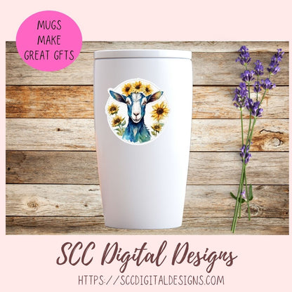 Cute Goat Digital Planner Stickers, Hand Drawn Colorful Printable Pre-Cropped PNG Images Goodnotes Compatible, Sunflowers Scrapbook Elements