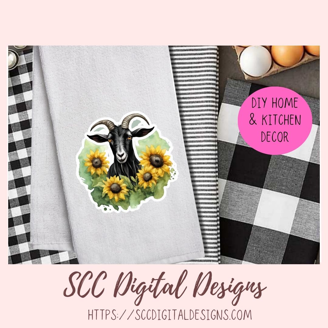 Cute Goat Sticker Set for Digital Planning and Printable Planners, Journals, Scrapbooking, Sunflowers & Goats PNG, Instant Download Goodnotes Compatible PNG Images