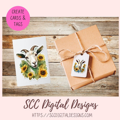 Cute Goat Digital Planner Stickers, Hand Drawn Colorful Printable Pre-Cropped PNG Images Goodnotes Compatible, Sunflowers Scrapbook Elements