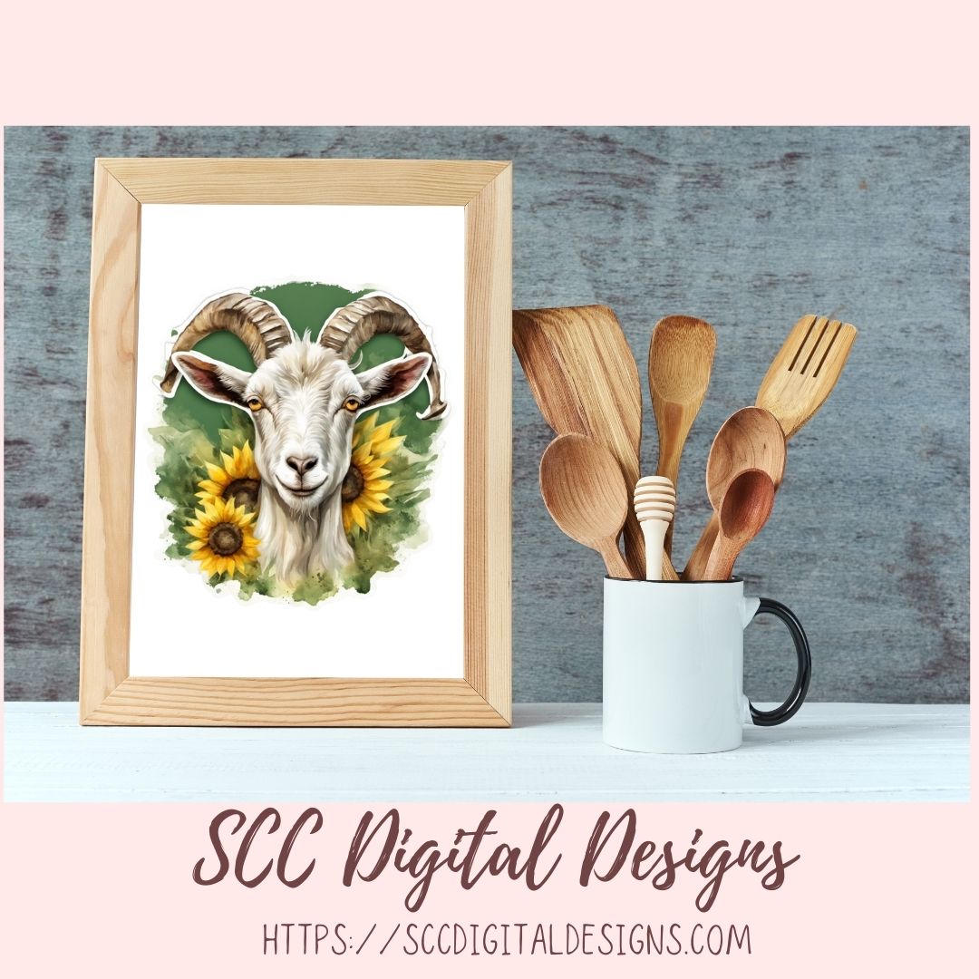 Cute Goat Sticker Set for Digital Planning and Printable Planners, Journals, Scrapbooking, Sunflowers & Goats PNG, Instant Download Goodnotes Compatible PNG Images