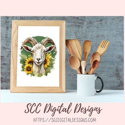 Cute Goat Digital Planner Stickers, Hand Drawn Colorful Printable Pre-Cropped PNG Images Goodnotes Compatible, Sunflowers Scrapbook Elements