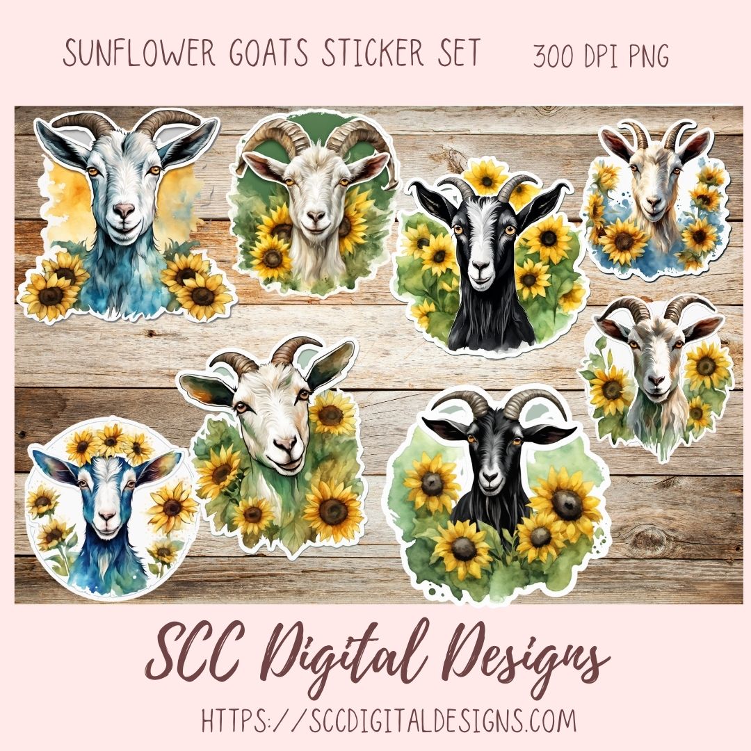 Cute Goat Digital Planner Stickers, Hand Drawn Colorful Printable Pre-Cropped PNG Images Goodnotes Compatible, Sunflowers Scrapbook Elements