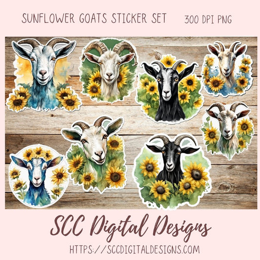 Cute Goat Digital Planner Stickers, Hand Drawn Colorful Printable Pre-Cropped PNG Images Goodnotes Compatible, Sunflowers Scrapbook Elements