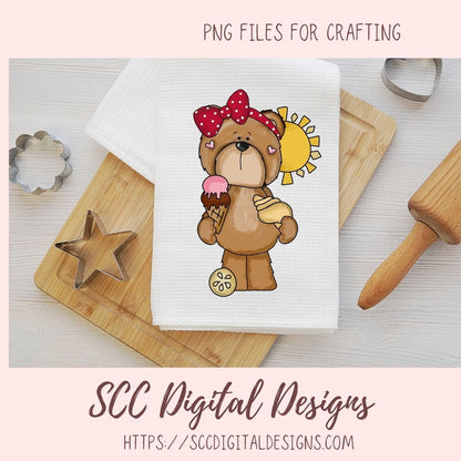 Whimsical Bear Clipart, Sand Castle, Starfish Popsicle Ball, Suntan Lotion, Beach Clip Art for Sublimation for Kids T-Shirts, Paper Crafting