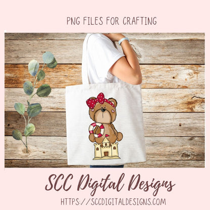 Whimsical Bear Clipart, Sand Castle, Starfish Popsicle Ball, Suntan Lotion, Beach Clip Art for Sublimation for Kids T-Shirts, Paper Crafting
