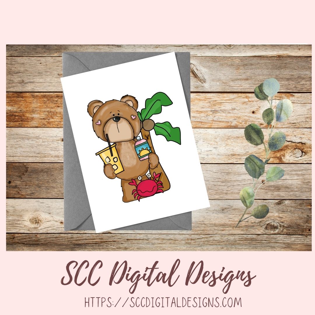 Whimsical Bear Clipart, Sand Castle, Starfish Popsicle Ball, Suntan Lotion, Beach Clip Art for Sublimation for Kids T-Shirts, Paper Crafting