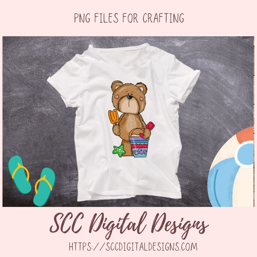 Whimsical Bear Clipart, Sand Castle, Starfish Popsicle Ball, Suntan Lotion, Beach Clip Art for Sublimation for Kids T-Shirts, Paper Crafting