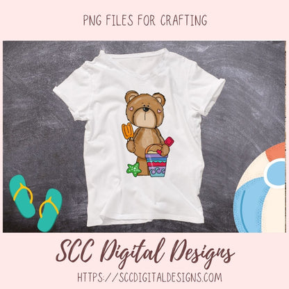 Whimsical Bear Clipart, Sand Castle, Starfish Popsicle Ball, Suntan Lotion, Beach Clip Art for Sublimation for Kids T-Shirts, Paper Crafting