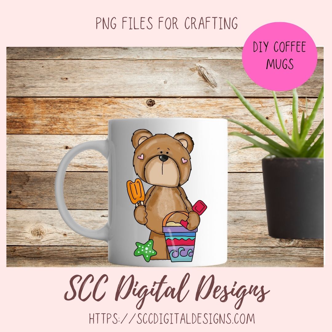 Whimsical Bear Clipart, Sand Castle, Starfish Popsicle Ball, Suntan Lotion, Beach Clip Art for Sublimation for Kids T-Shirts, Paper Crafting