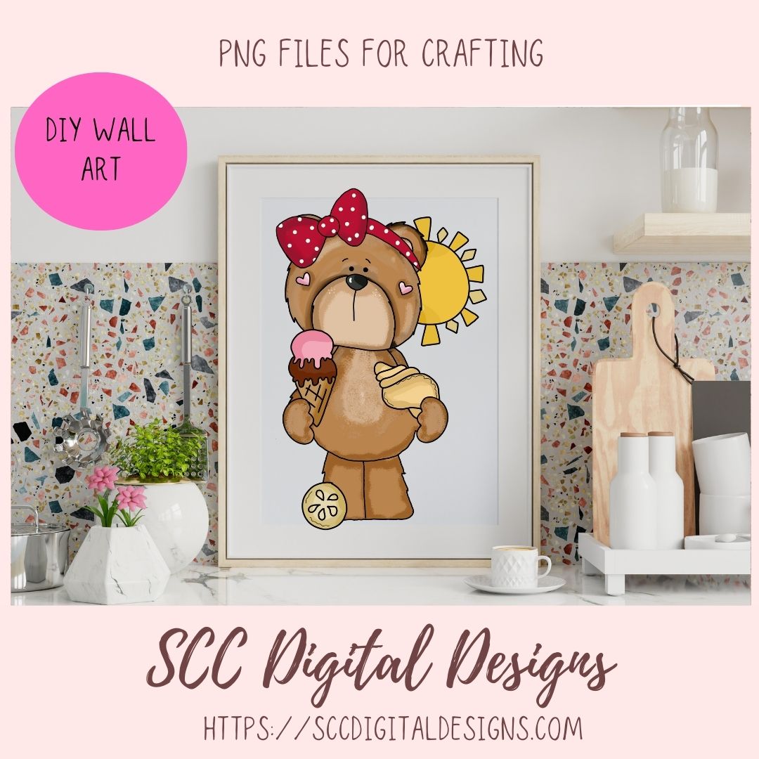 Whimsical Bear Clipart, Sand Castle, Starfish Popsicle Ball, Suntan Lotion, Beach Clip Art for Sublimation for Kids T-Shirts, Paper Crafting