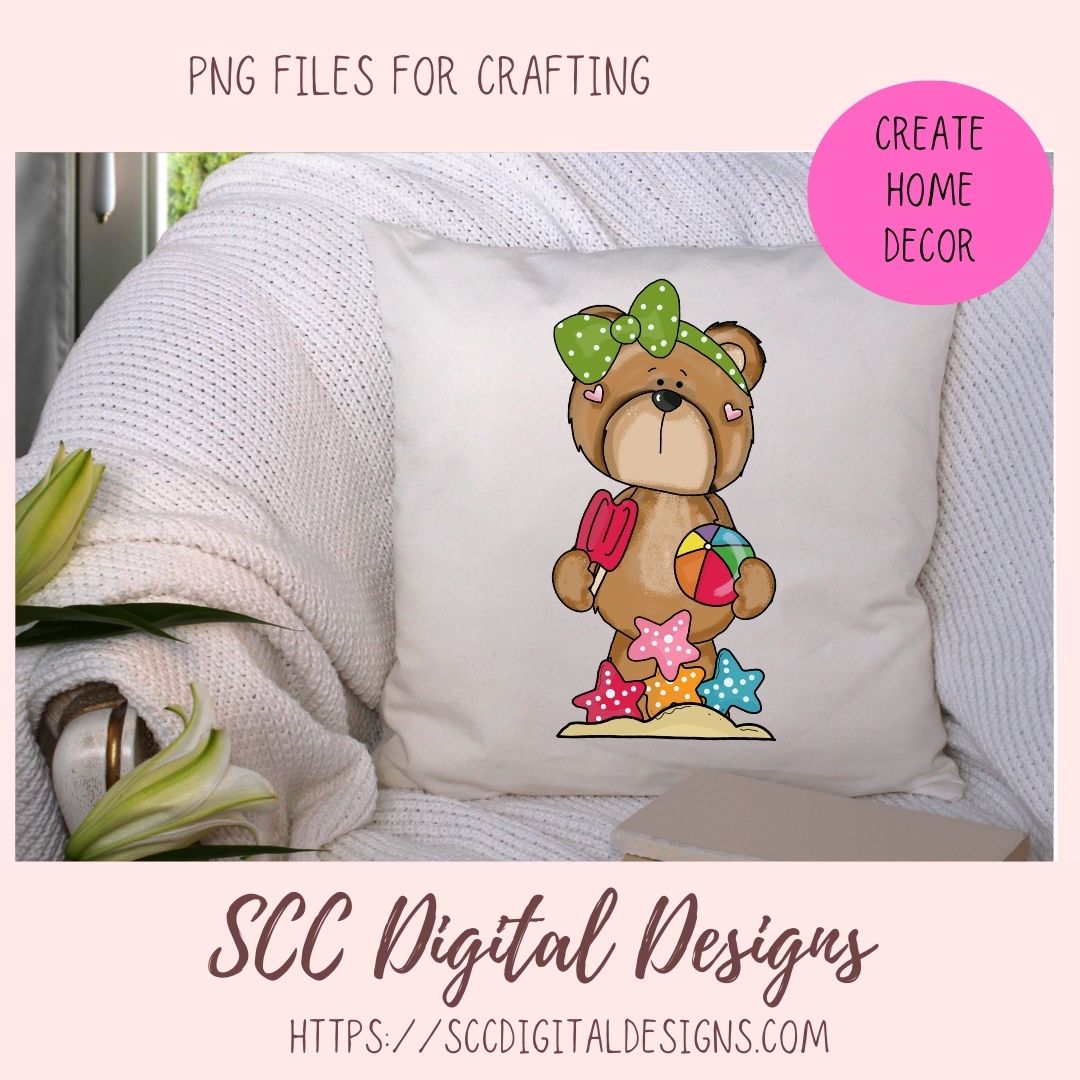 Whimsical Bear Clipart, Sand Castle, Starfish Popsicle Ball, Suntan Lotion, Beach Clip Art for Sublimation for Kids T-Shirts, Paper Crafting