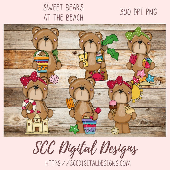 Whimsical Bear Clipart, Sand Castle, Starfish Popsicle Ball, Suntan Lotion, Beach Clip Art for Sublimation for Kids T-Shirts, Paper Crafting