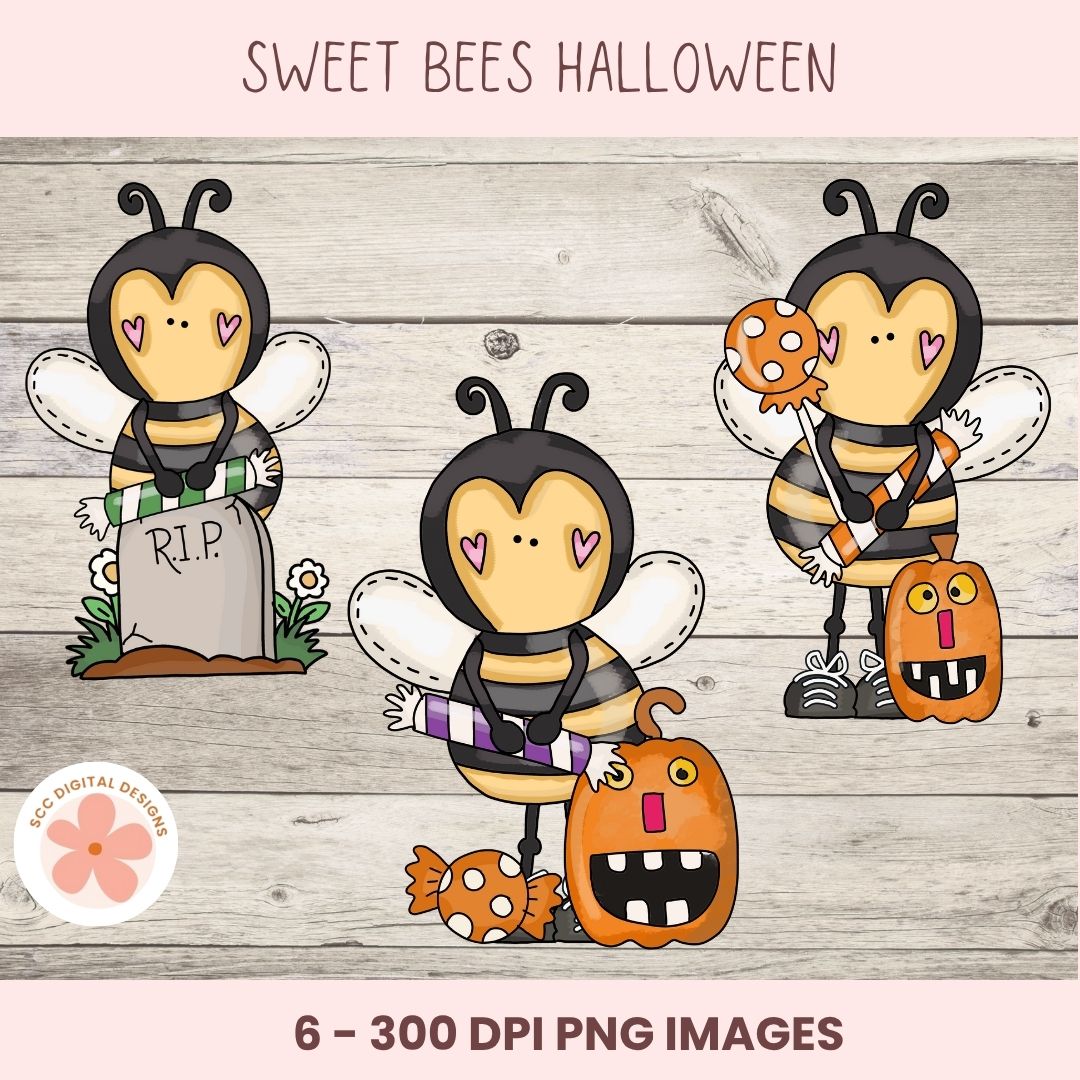 Digital clipart preview for 'Sweet Bees Halloween' featuring three cartoon bees in Halloween costumes on a light wood background. The bees wear black and yellow outfits and hold a tombstone with 'RIP!', a pumpkin, and candy.