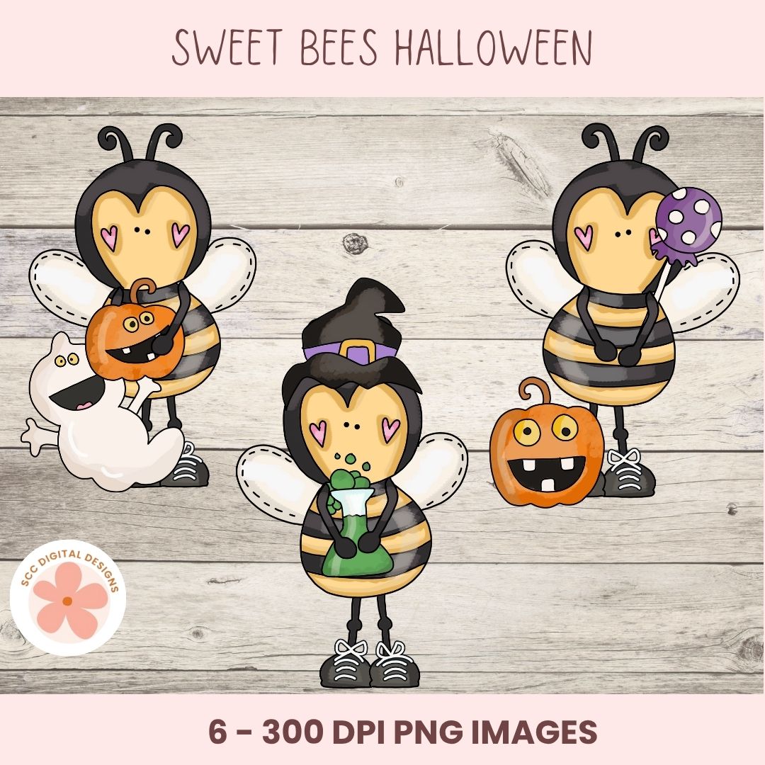 Digital clipart preview for 'Sweet Bees Halloween' featuring four cartoon bee characters in witch and pumpkin costumes on a light wood background, with text reading '6 - 300 DPI PNG IMAGES' and a '602 Digital Designs' logo.