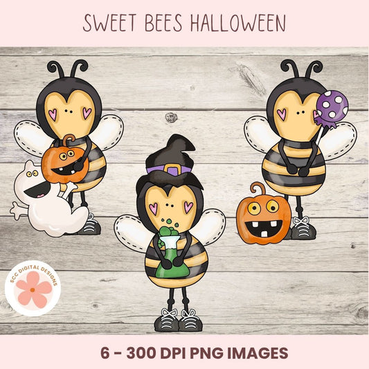 Digital clipart preview for 'Sweet Bees Halloween' featuring four cartoon bee characters in witch and pumpkin costumes on a light wood background, with text reading '6 - 300 DPI PNG IMAGES' and a '602 Digital Designs' logo.