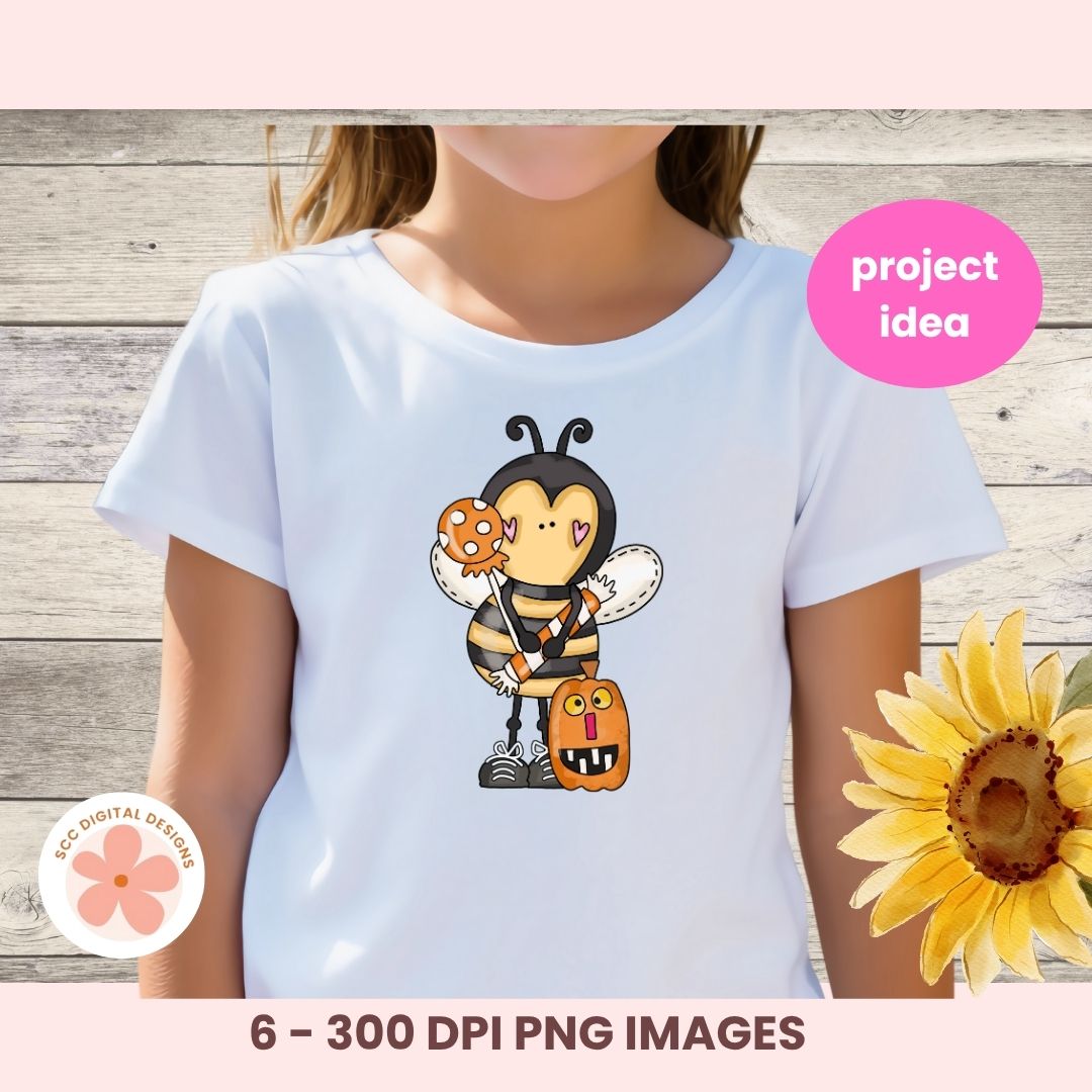 A child wearing a white short-sleeve T-shirt with a cartoon bee and pumpkin graphic on the front, shown against a rustic wood background with a pink sunflower graphic and text overlays.