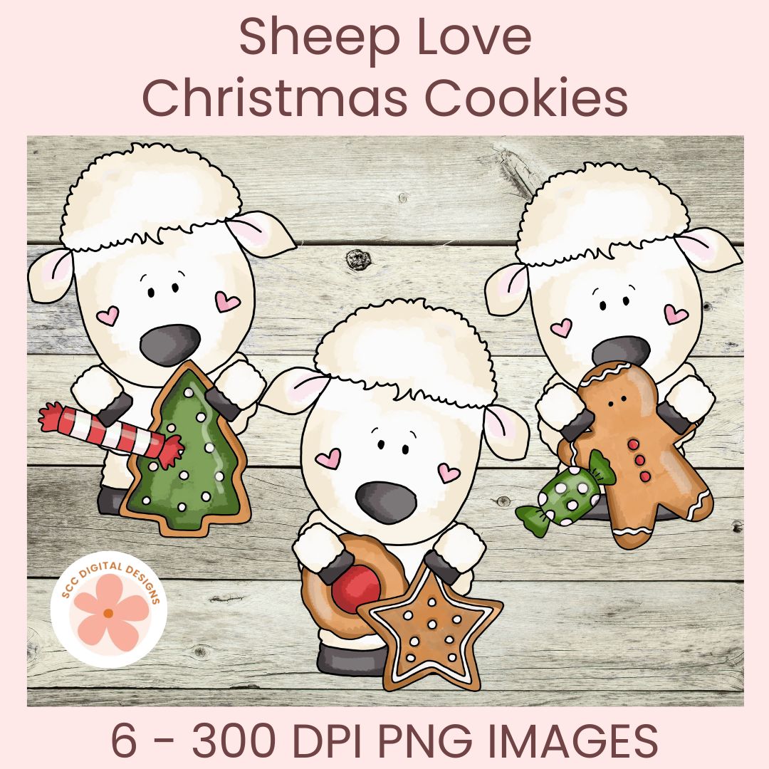 Digital clipart preview for 'Sheep Love Christmas Cookies' featuring three cartoon sheep holding Christmas-themed cookies on a rustic wood background, with text reading '6 - 300 DPI PNG IMAGES' and a 'DOC DIGITAL DESIGNS' logo.