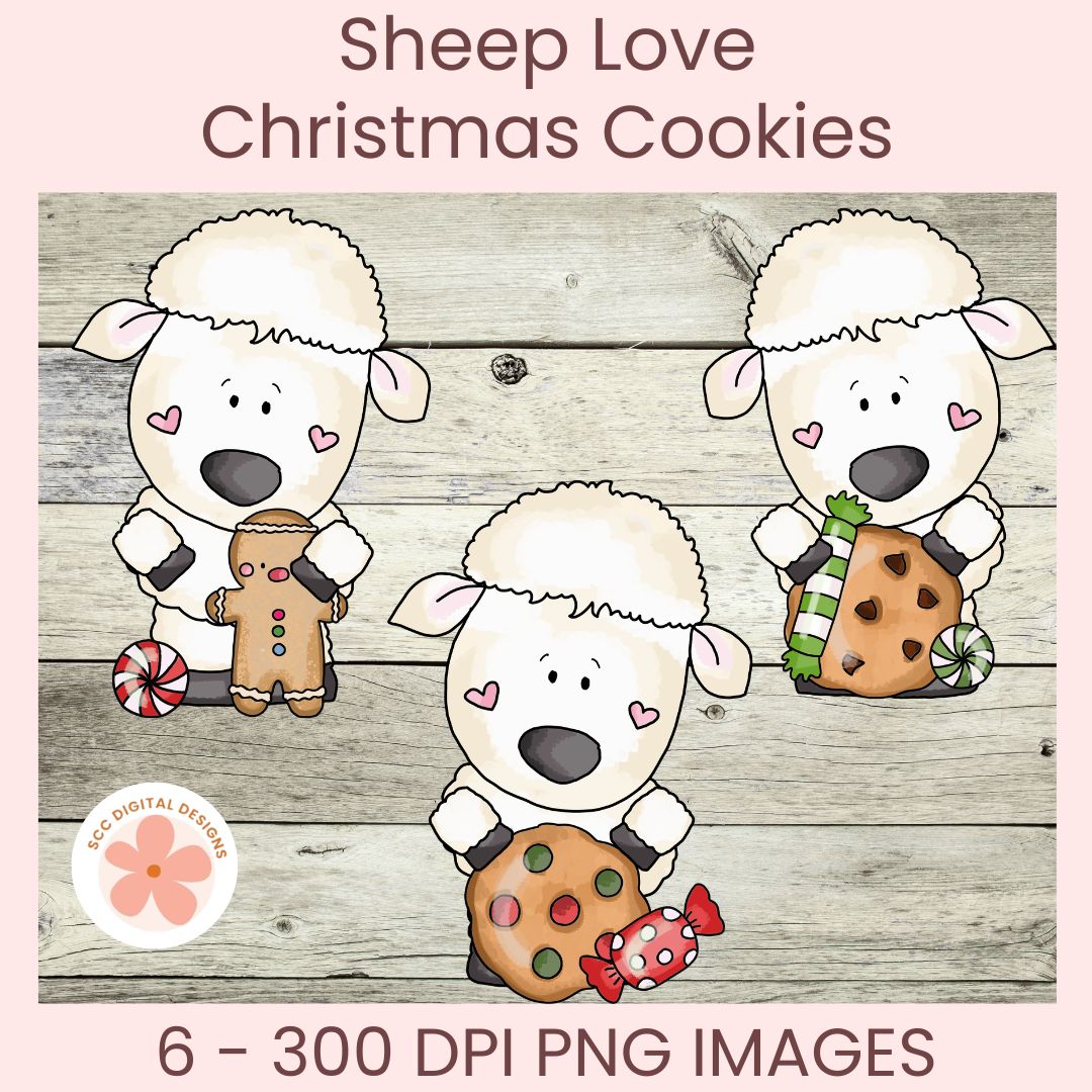 Digital clipart preview of three cute cartoon sheep holding Christmas cookies, with text reading 'Sheep Love Christmas Cookies' and '6 - 300 DPI PNG IMAGES'.