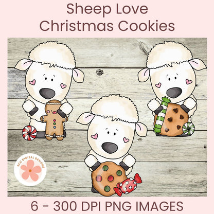 Digital clipart preview of three cute cartoon sheep holding Christmas cookies, with text reading 'Sheep Love Christmas Cookies' and '6 - 300 DPI PNG IMAGES'.