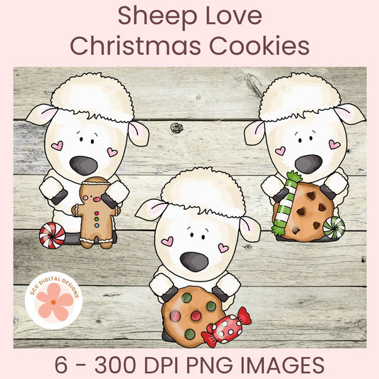 Digital clipart preview of three cute cartoon sheep holding Christmas cookies, with text reading 'Sheep Love Christmas Cookies' and '6 - 300 DPI PNG IMAGES'.