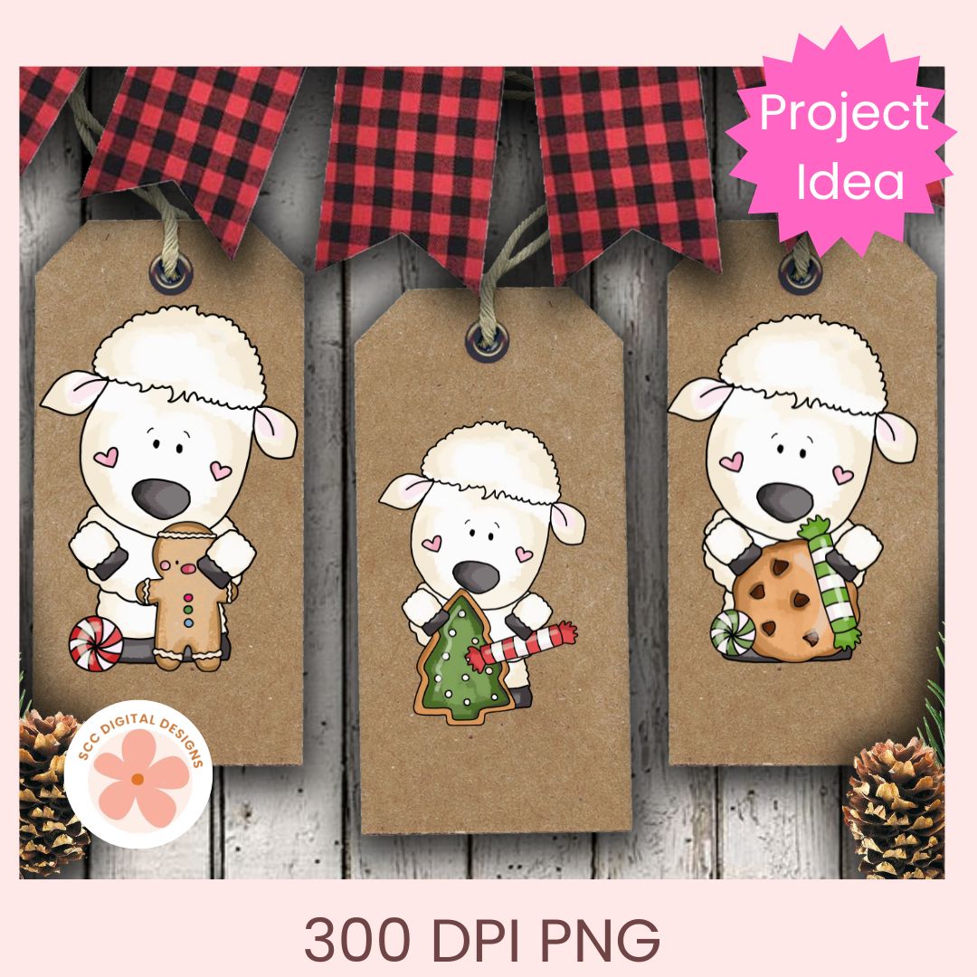 Three Christmas-themed brown paper gift tags with cute cartoon sheep illustrations, red plaid hanging ribbons, pinecones, and a pink 'Project Idea' badge. Text at the bottom reads '300 DPI PNG'.