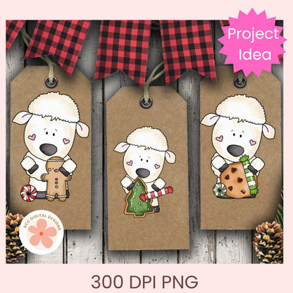 Three Christmas-themed brown paper gift tags with cute cartoon sheep illustrations, red plaid hanging ribbons, pinecones, and a pink 'Project Idea' badge. Text at the bottom reads '300 DPI PNG'.