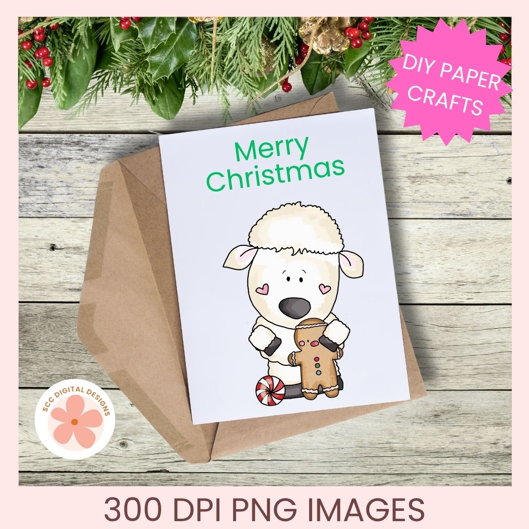 A Christmas-themed printable card design shown on a kraft envelope over a rustic wood surface, with holiday greenery at the top and text reading 'Merry Christmas' and '300 DPI PNG IMAGES.' The card features a cartoon sheep holding a gingerbread man.
