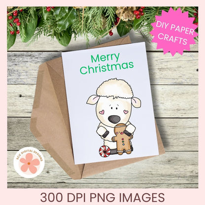 A Christmas-themed printable card design shown on a kraft envelope over a rustic wood surface, with holiday greenery at the top and text reading 'Merry Christmas' and '300 DPI PNG IMAGES.' The card features a cartoon sheep holding a gingerbread man.