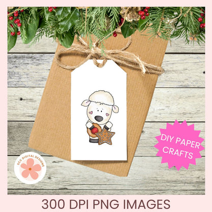 A kraft paper envelope tied with twine and a white gift tag featuring a cute sheep illustration holding a star, styled on a rustic wood background with pine branches and berries. Text at the bottom reads '300 DPI PNG IMAGES' and a pink badge says 'DIY PAPER CRAFTS'.