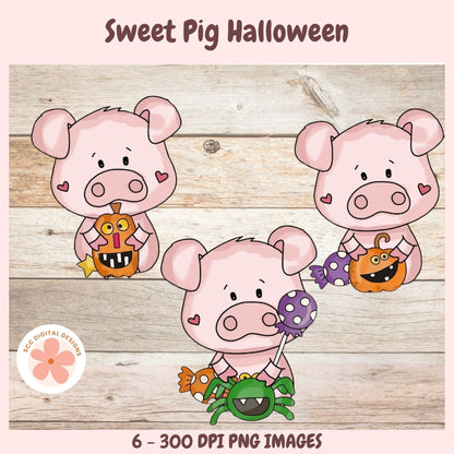 Cute Halloween Pigs Clipart, Spooky Pumpkins, Halloween Candies, Spiders PNG for Paper Crafting, Scrapbooking, T-Shirts and Crafts for Kids