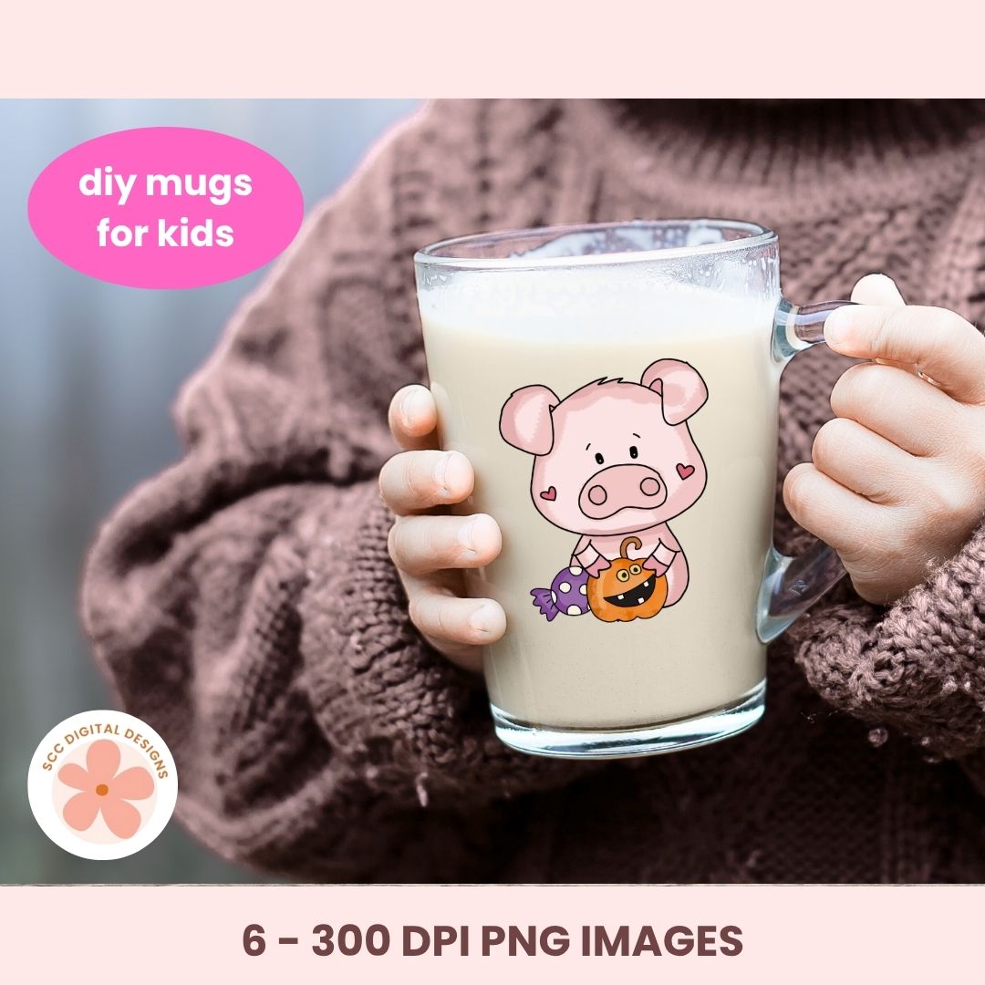 A child in a brown knit sweater holds a clear glass mug filled with a light beige drink. The mug has a cartoon pig graphic holding a small orange pumpkin.