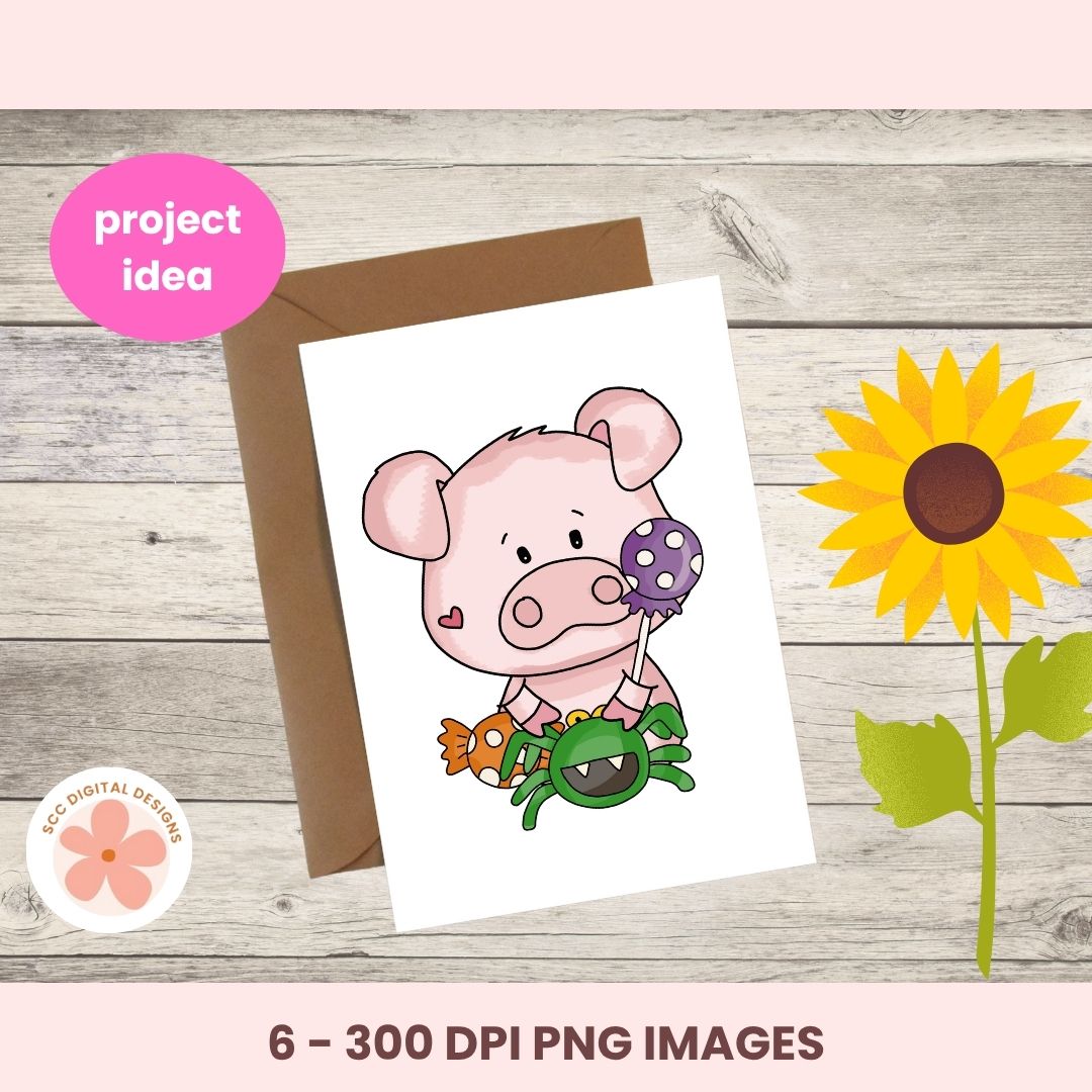 A digital preview of a cute cartoon pig greeting card with a brown envelope, shown on a light wood background with a pink sunflower and decorative text overlays.