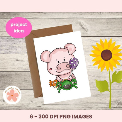 A digital preview of a cute cartoon pig greeting card with a brown envelope, shown on a light wood background with a pink sunflower and decorative text overlays.