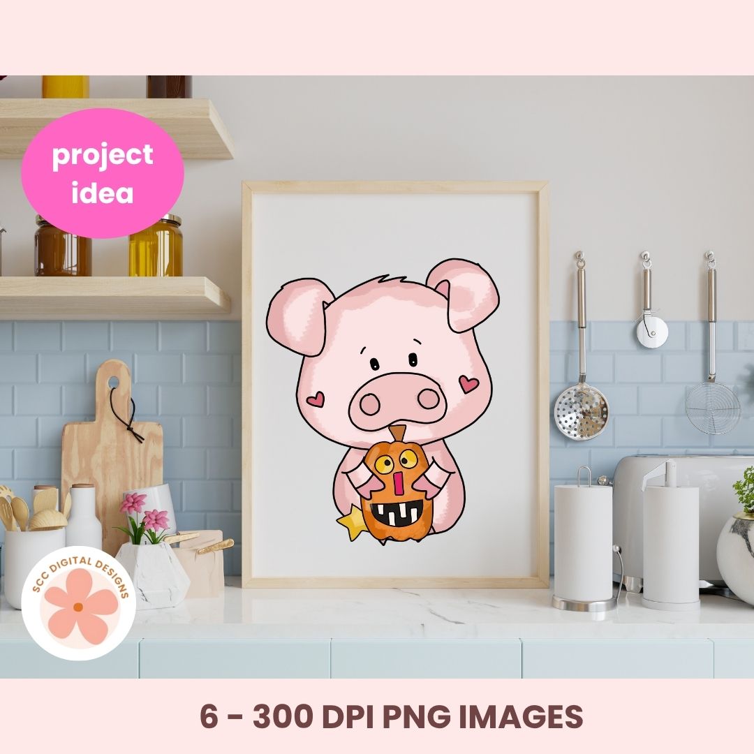 A framed cartoon pig illustration holding an orange pumpkin, displayed on a kitchen wall above a countertop. The image includes a pink 'project idea' badge and text reading '6 - 300 DPI PNG IMAGES' at the bottom, plus a circular '600 DIGITAL DOWNLOADS' badge at lower left.