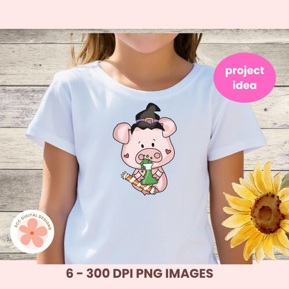 A child wearing a white short-sleeve T-shirt with a cartoon pig graphic dressed as a witch holding a broom. The photo has a pink 'project idea' badge, a '6 - 300 DPI PNG IMAGES' text banner, and a sunflower decoration on a wood-plank background.