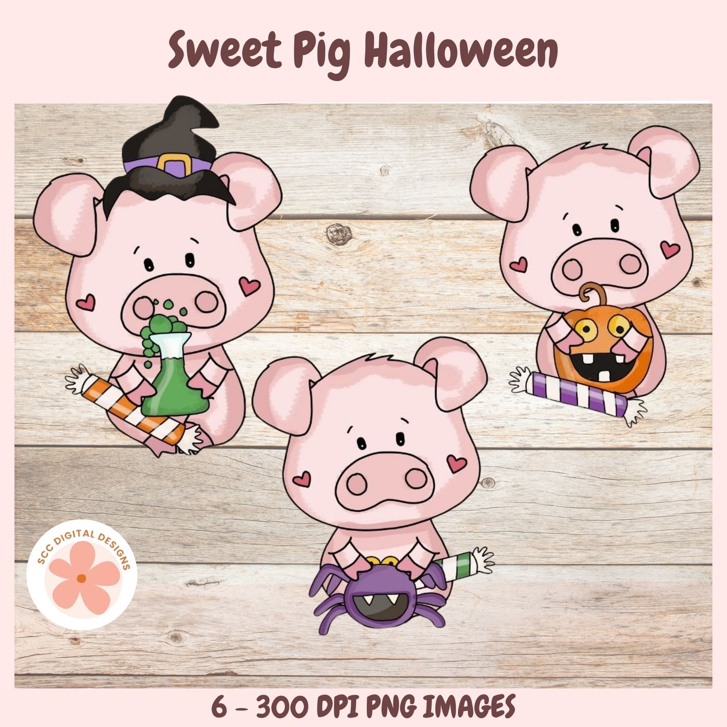Cute Halloween Pigs Clipart, Spooky Pumpkins, Halloween Candies, Spiders PNG for Paper Crafting, Scrapbooking, T-Shirts and Crafts for Kids