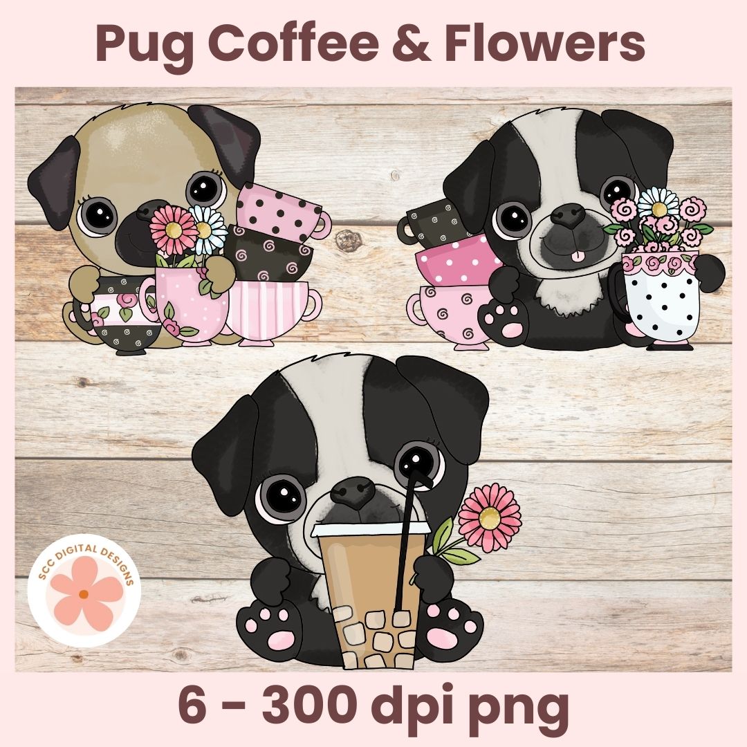 Three cartoon pugs with coffee cups and flowers on a wooden background