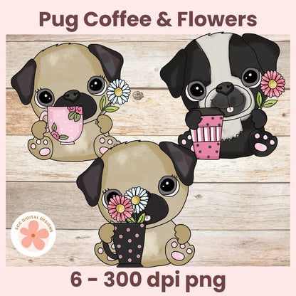 Three cartoon pugs holding coffee cups and flower pots on a wooden background with 'Pug Coffee & Flowers' text.