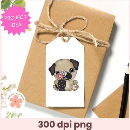 Gift box with a pug illustration and flowers on a white background