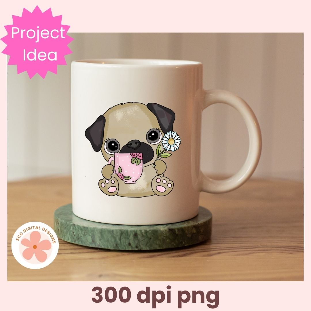 Mug with a pug design holding a pink cup on a wooden surface.