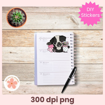 Notebook with a dog illustration on a wooden surface with a cactus plant and pen.