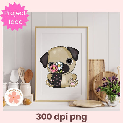Framed illustration of a pug holding flowers on a kitchen counter with 'Project Idea' text.